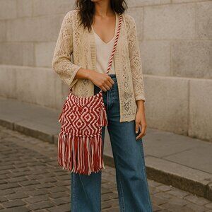 NWT Raj Red & White Macramé Fringe Bag